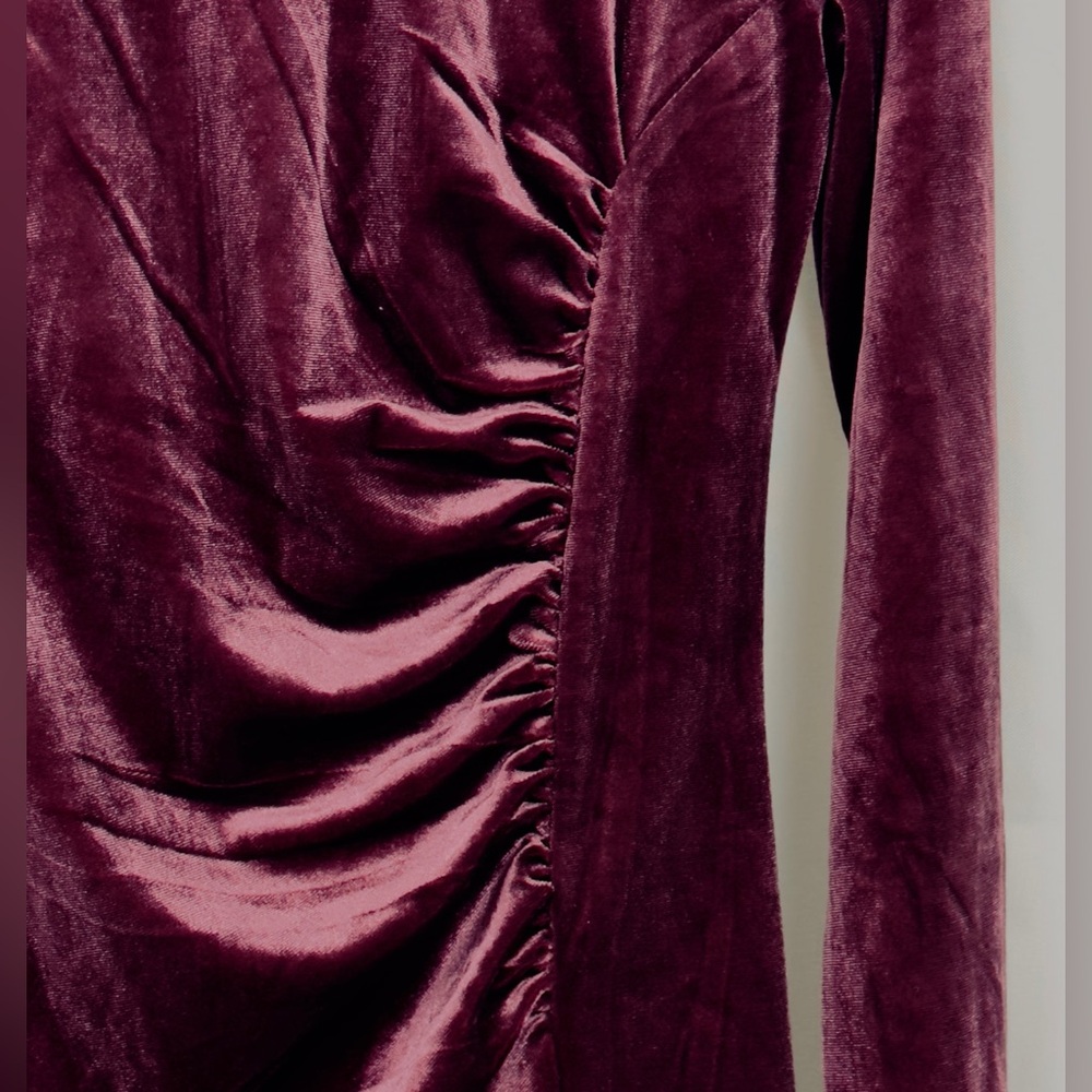 Love X Design Elegant Velvet Burgundy Side Ruched Midi Long Sleeve Dress M - Picture 4 of 6